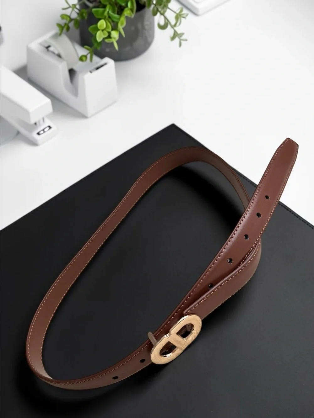 Brown Leather women Belt with Gold Buckle